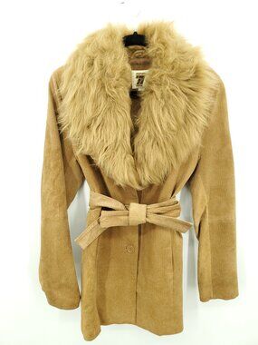 Seventy Seven Vintage-Style Leather Penny Lane Coat L Faux Fur Trim